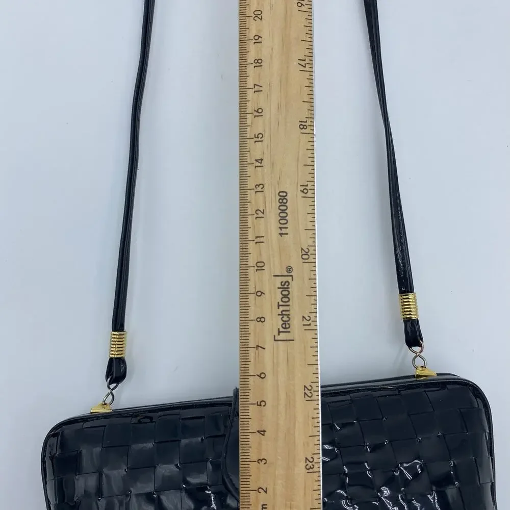 Pillbox Purse Basketweave Black Paten Leather Hard Case Optional Strap‎